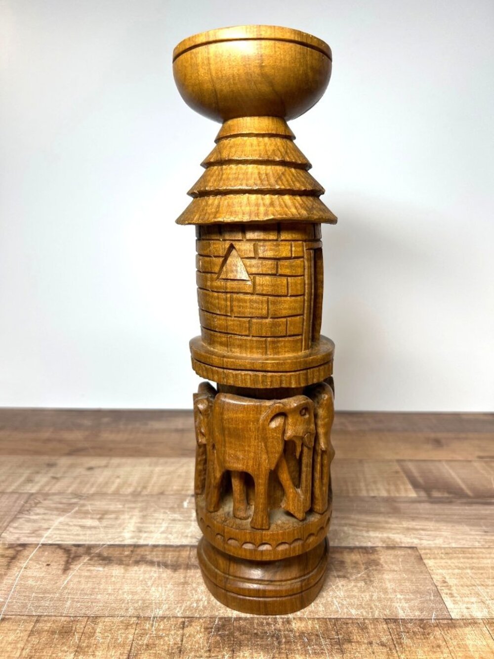 Hand-Carved Wooden Elephant Decor With Temple Design Rustic Accent Piece